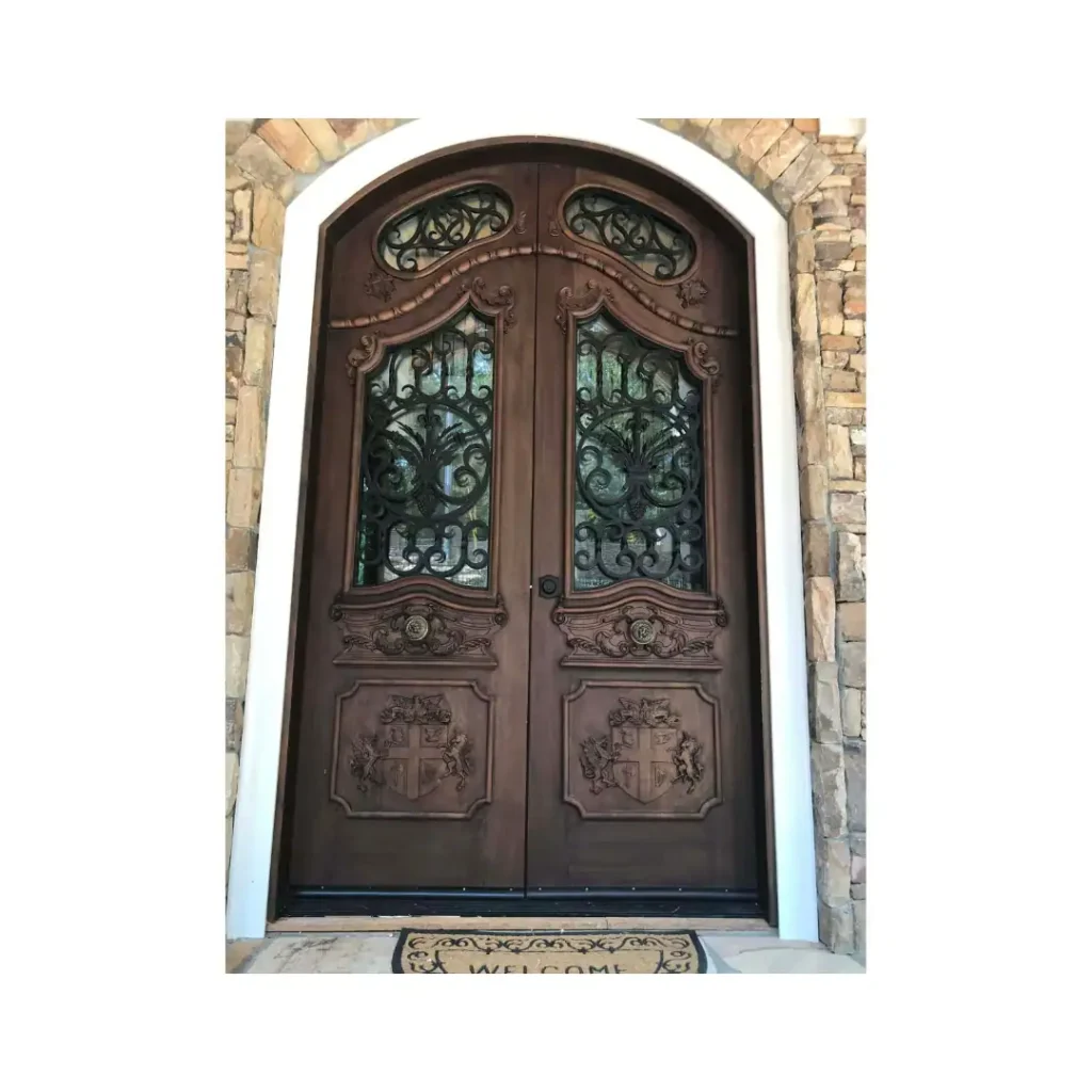 arched double hand-carved wood door with glass HCD2036 MCD
