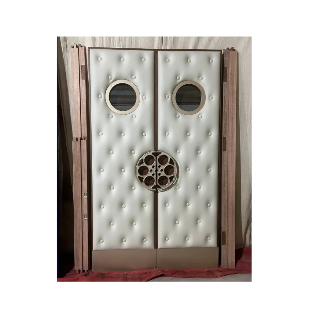 White tufted home theater door with dual portholes and bronze trim – HT3023 MCD