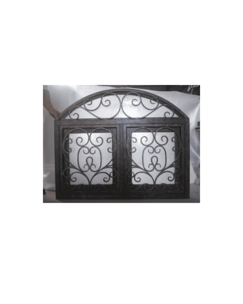 Arched wrought iron window with dual panels and scrollwork LW104 MCD Monarch Custom Doors