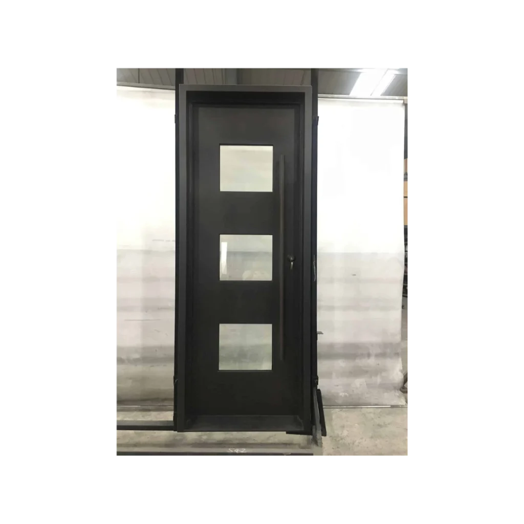 Simple contemporary wrought iron door EL1173 MCD with tri-windows panels and minimalist style.