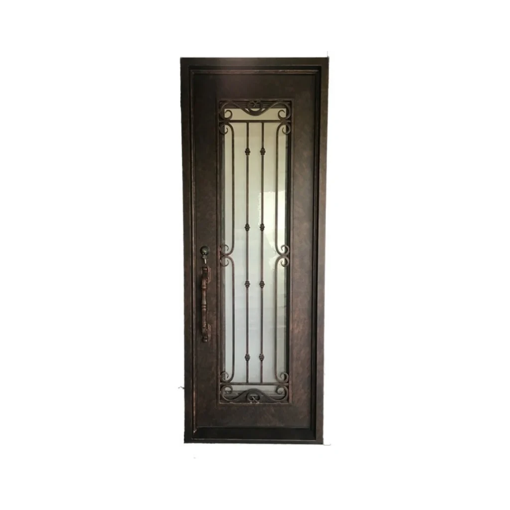Exclusive wrought iron single door EL1186 MCD with scrollwork and frosted glass, handcrafted for luxury spaces.