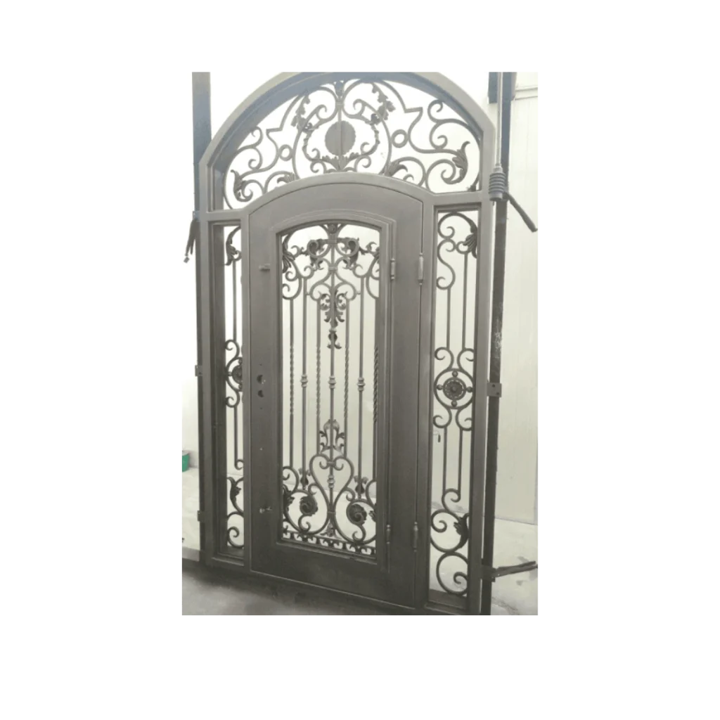 Arched wrought iron entry door with decorative scroll surround EL1308 MCD
