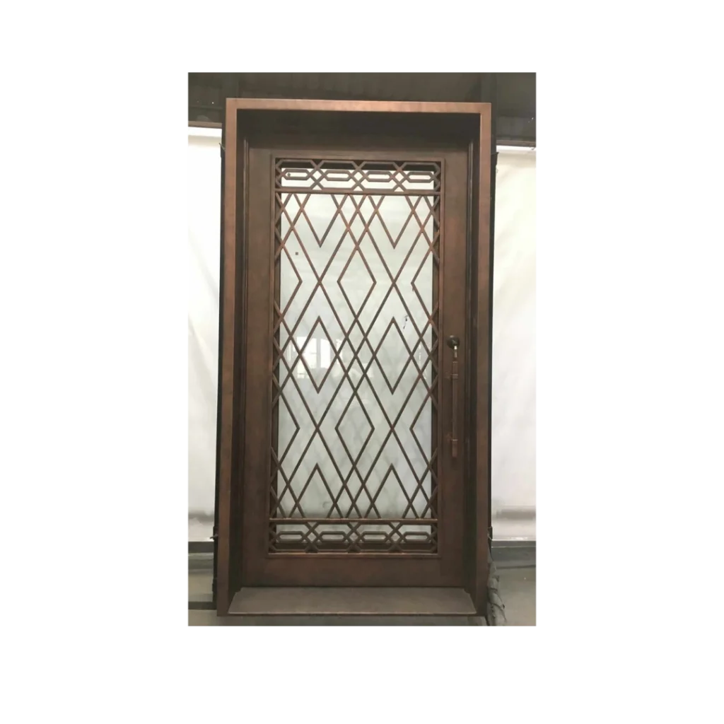 Diamond grille wrought iron single door EL1415 MCD with textured glass