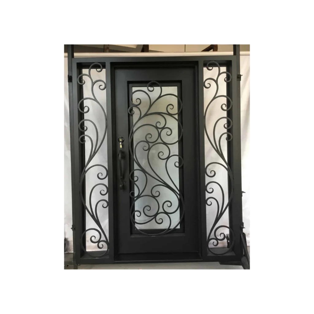 Scrollwork wrought iron single door EL1426 MCD with decorative iron sidelights and custom forged detailing