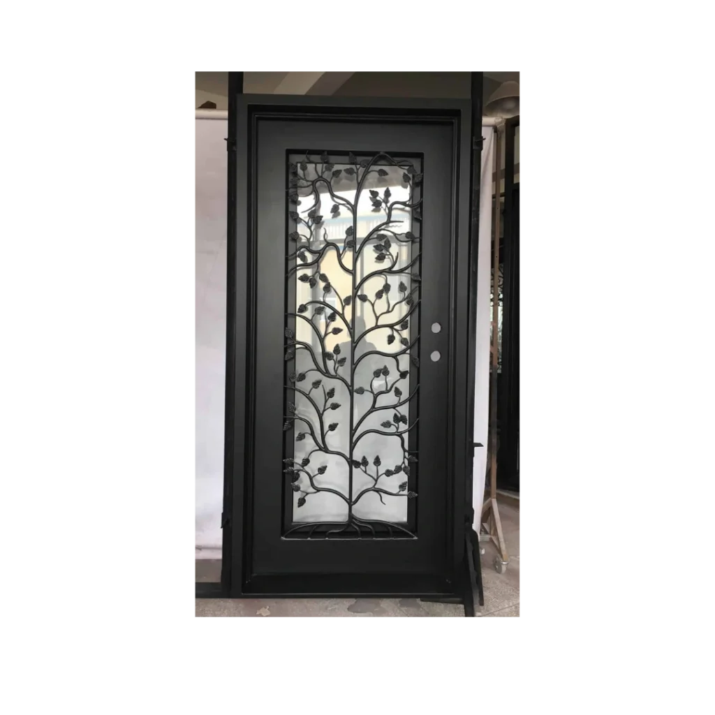 Botanical scroll wrought iron single door EL1430 MCD with hand forged ironwork and insulated textured glass