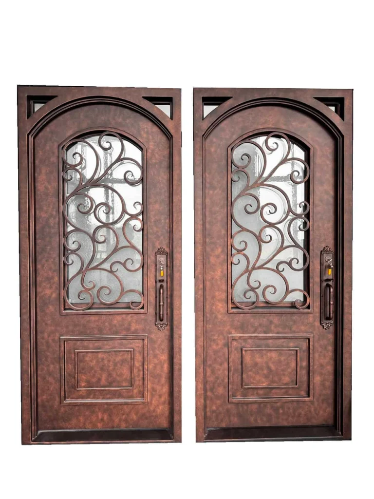 Mediterranean wrought iron double door EL1446 MCD with arch top and hand forged scroll glass