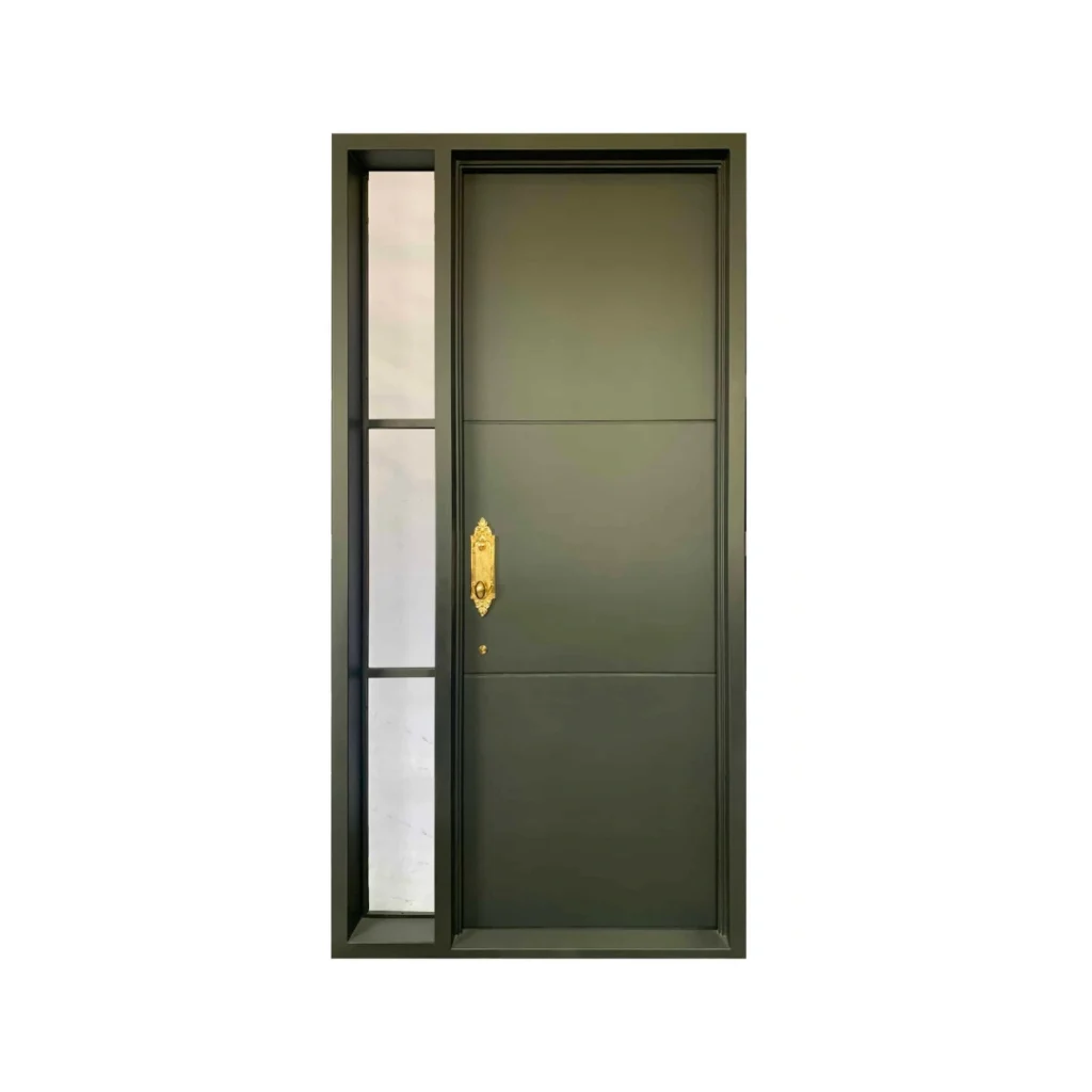 EL1585 MCD single wrought iron door with frosted glass sidelight and smooth steel panel design