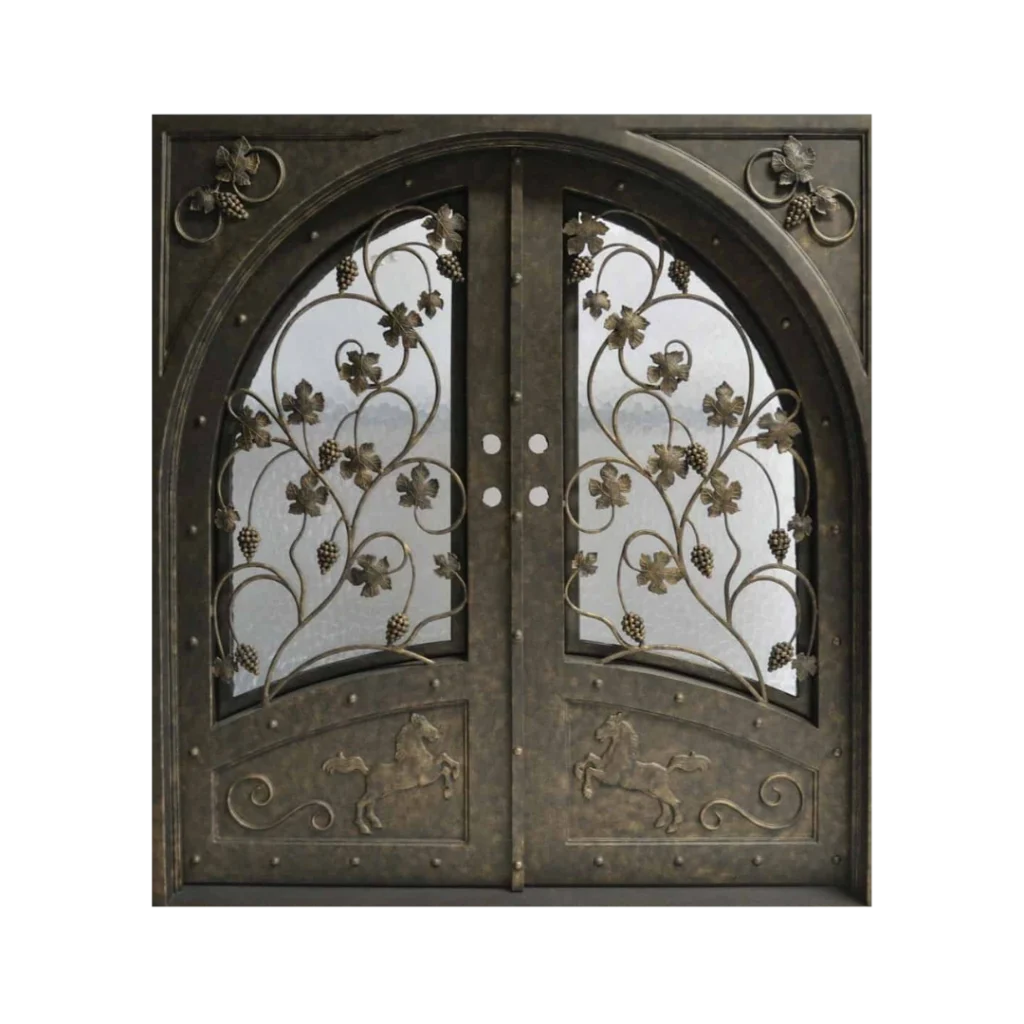 Double arched iron wine cellar door with leaf and vine relief WD4007 MCD