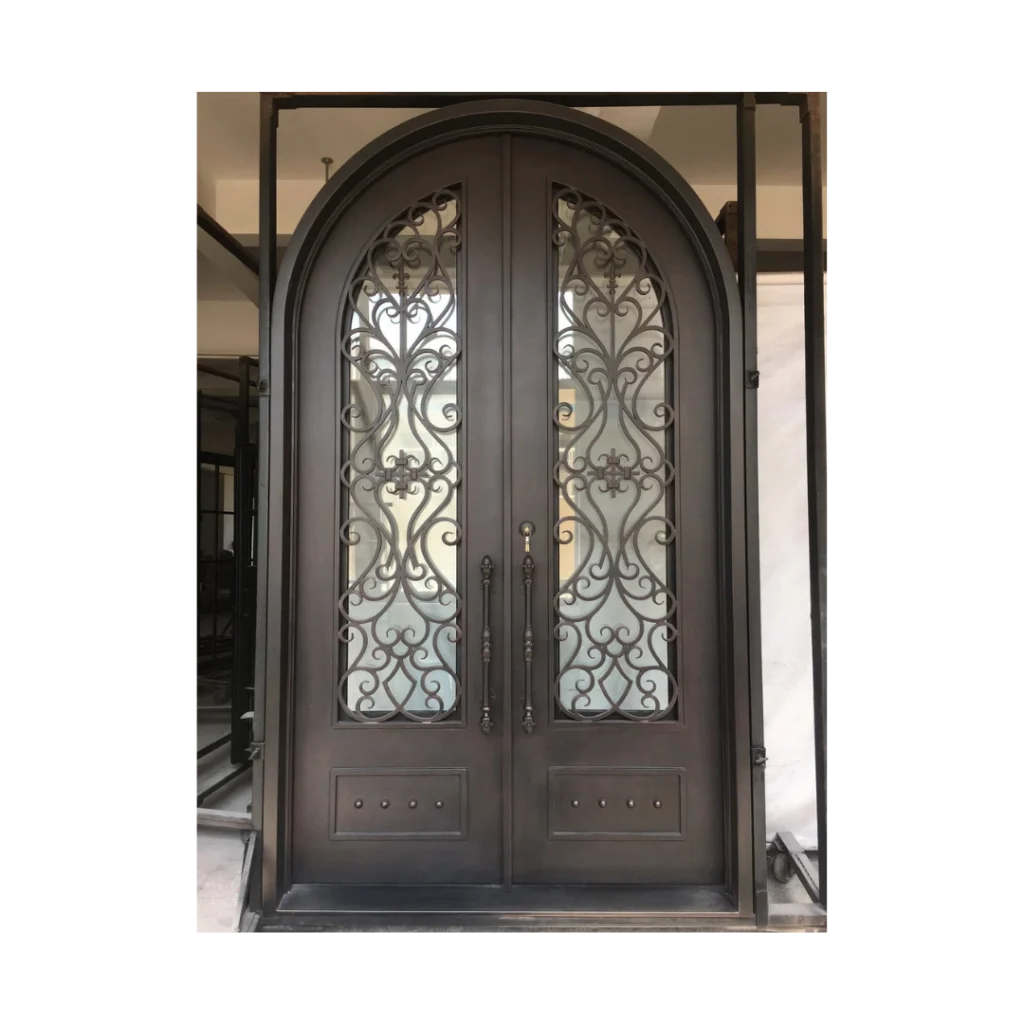 Ornate arched wrought iron door with scroll and glass – EL1203 MCD