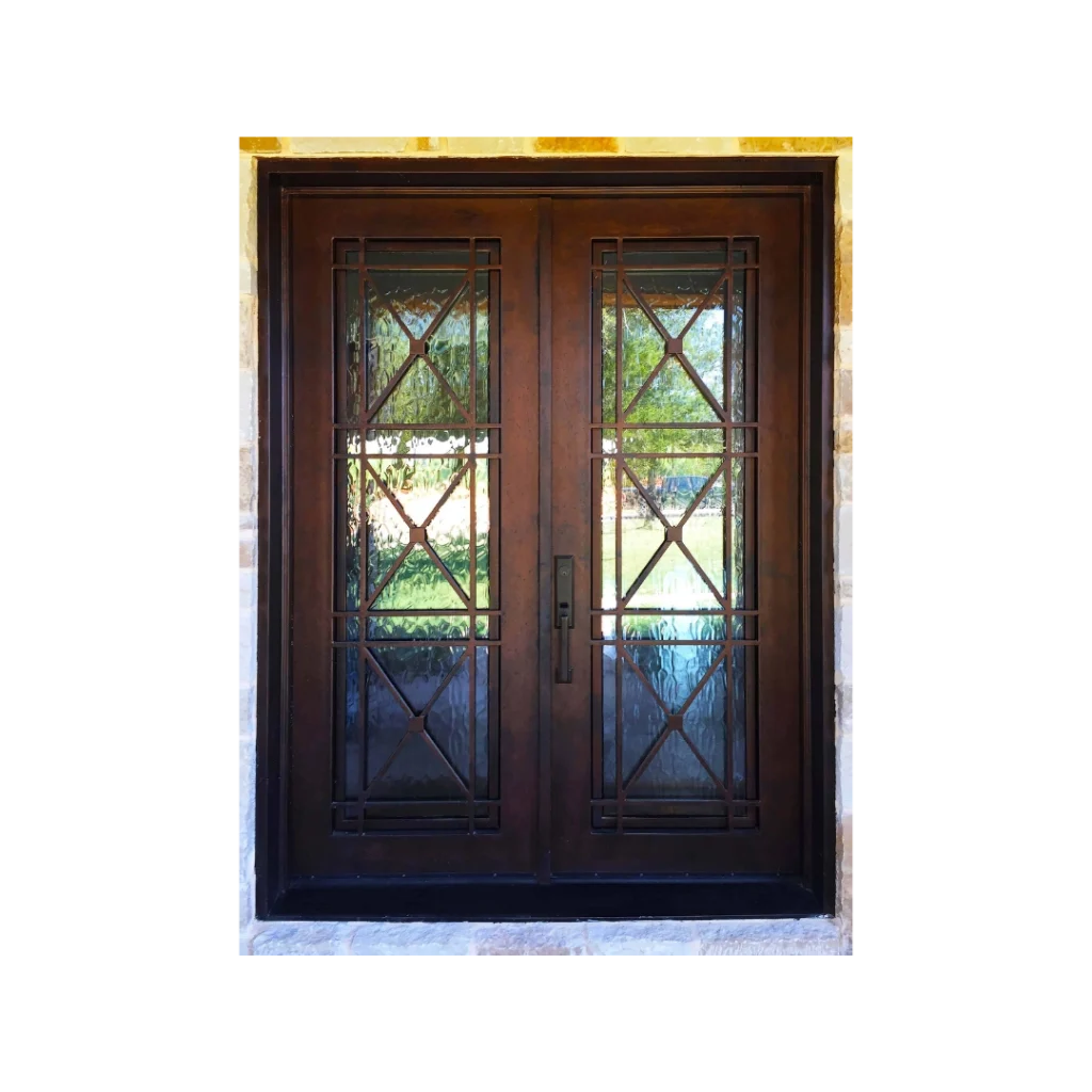 Brown double wrought iron door with diamond grid glass EL1270 MCD