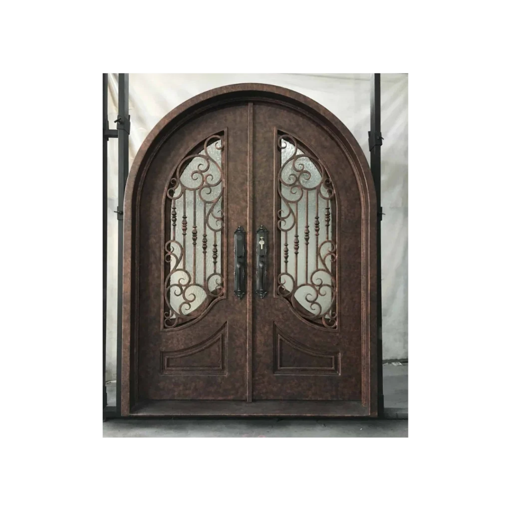 Rustic arched double wrought iron door with ornate scrollwork EL1283 MCD