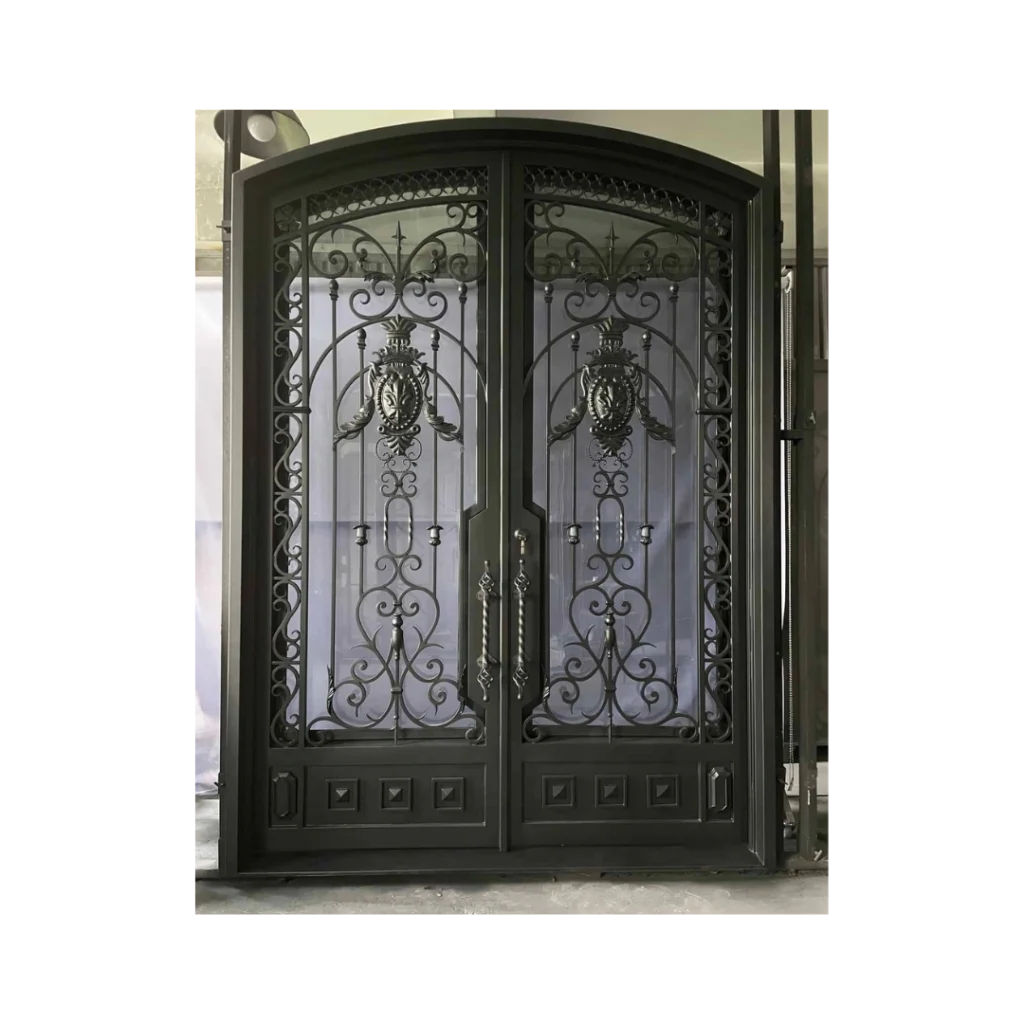 Ornate arched wrought iron double door with scroll panels EL1292 MCD