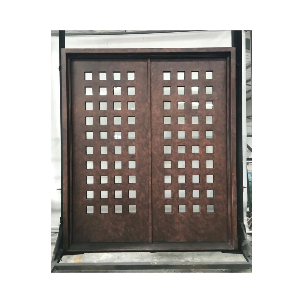 Modern square grid wrought iron double door with glass panels and patina finish – EL1327 MCD