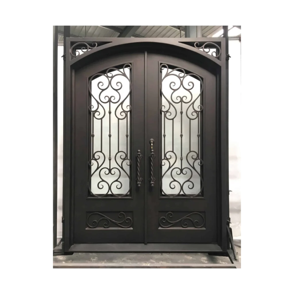 Elegant arched wrought iron double door with scroll panels – EL1330 MCD