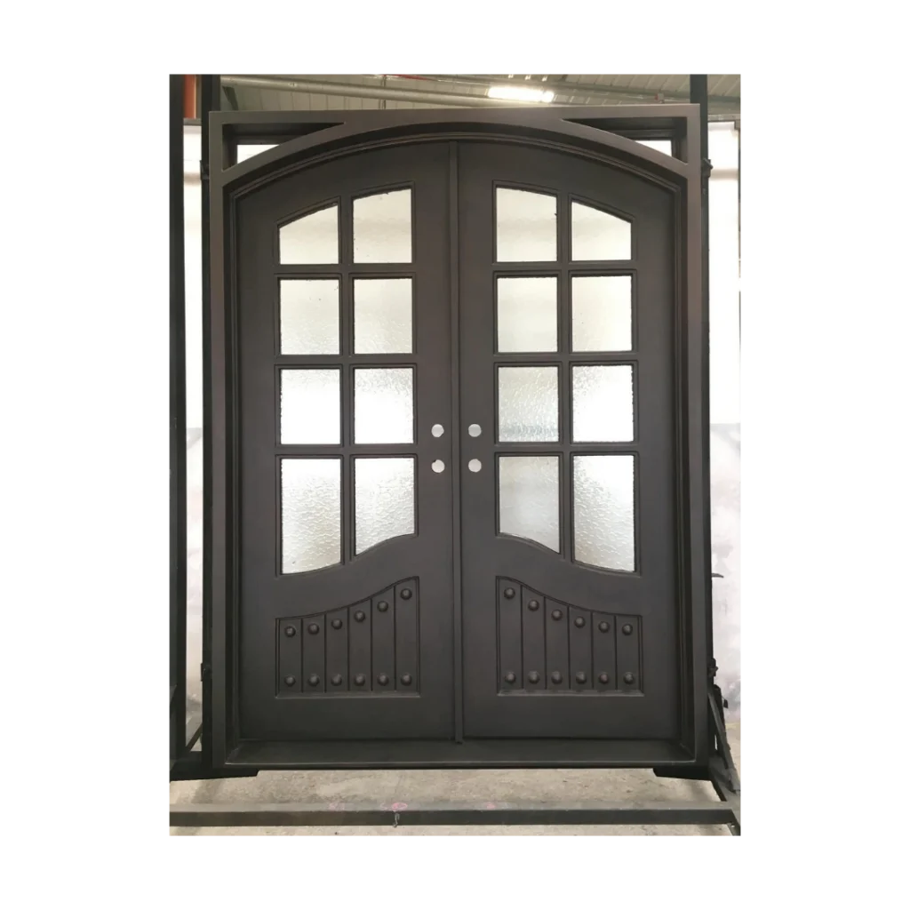 Arched grid panel wrought iron double door EL1371 MCD with textured glass and iron frame
