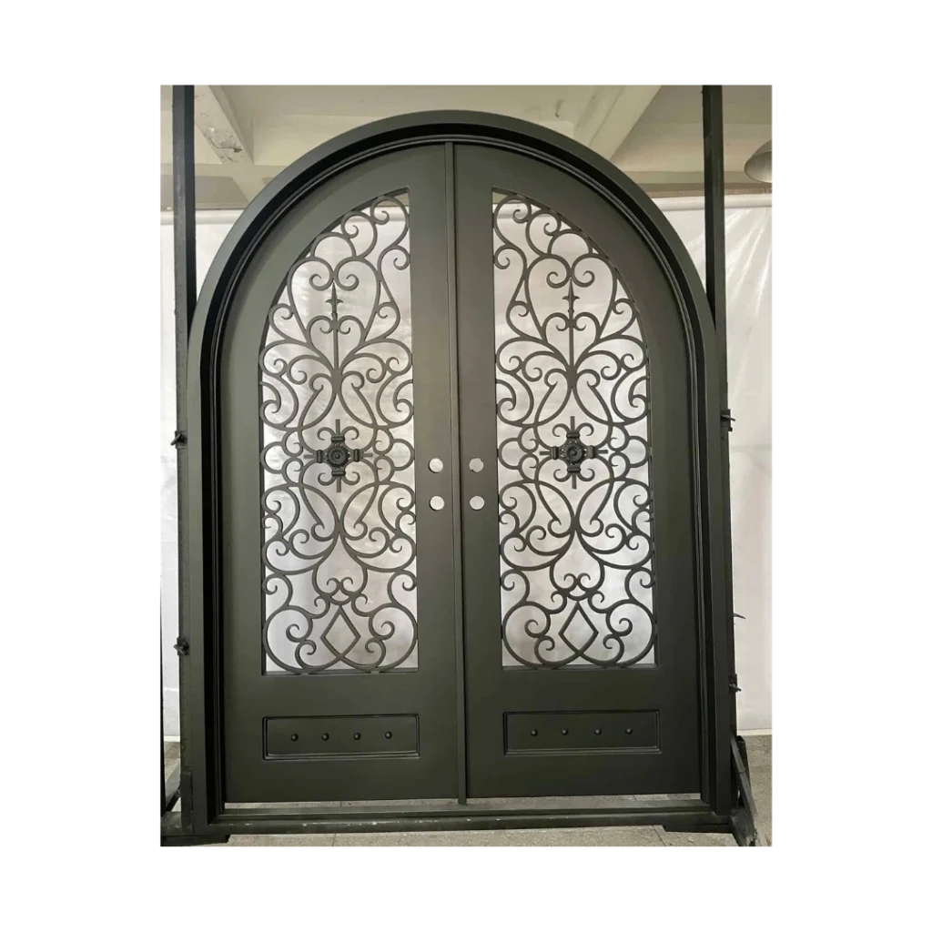 Ornate arched wrought iron double door EL1375 MCD with decorative scroll iron and textured glass