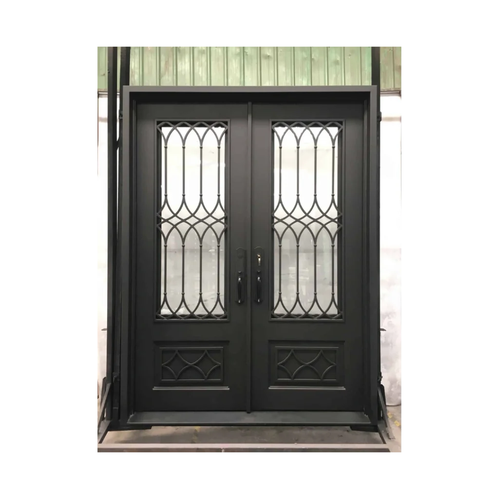 Classic grille wrought iron double door with insulated glass and decorative ironwork, EL1380 MCD