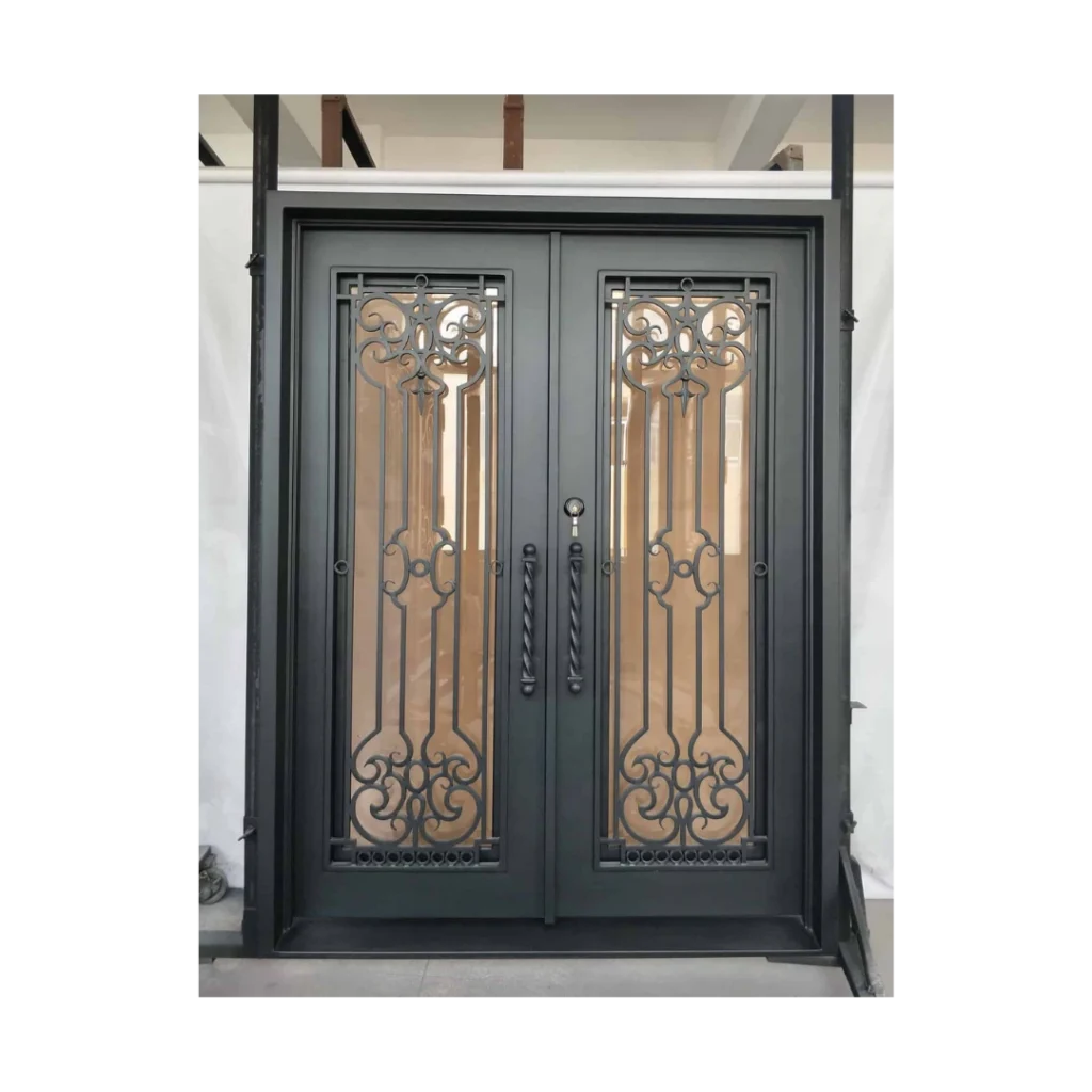 Scroll rosette wrought iron double door EL1401 MCD with hand-forged ironwork and clear insulated glass