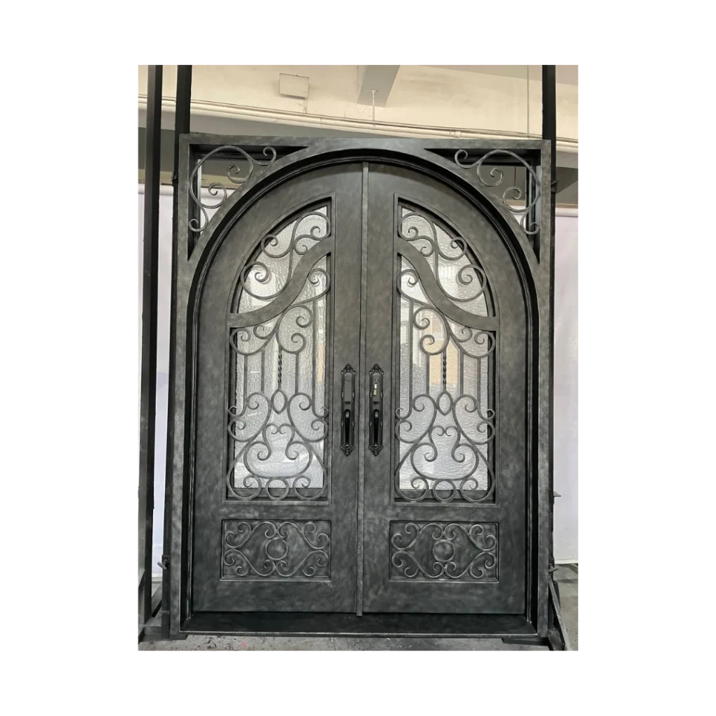 Ornate full arch wrought iron double door with scrollwork and insulated glass EL1420 MCD by Monarch Custom Doors