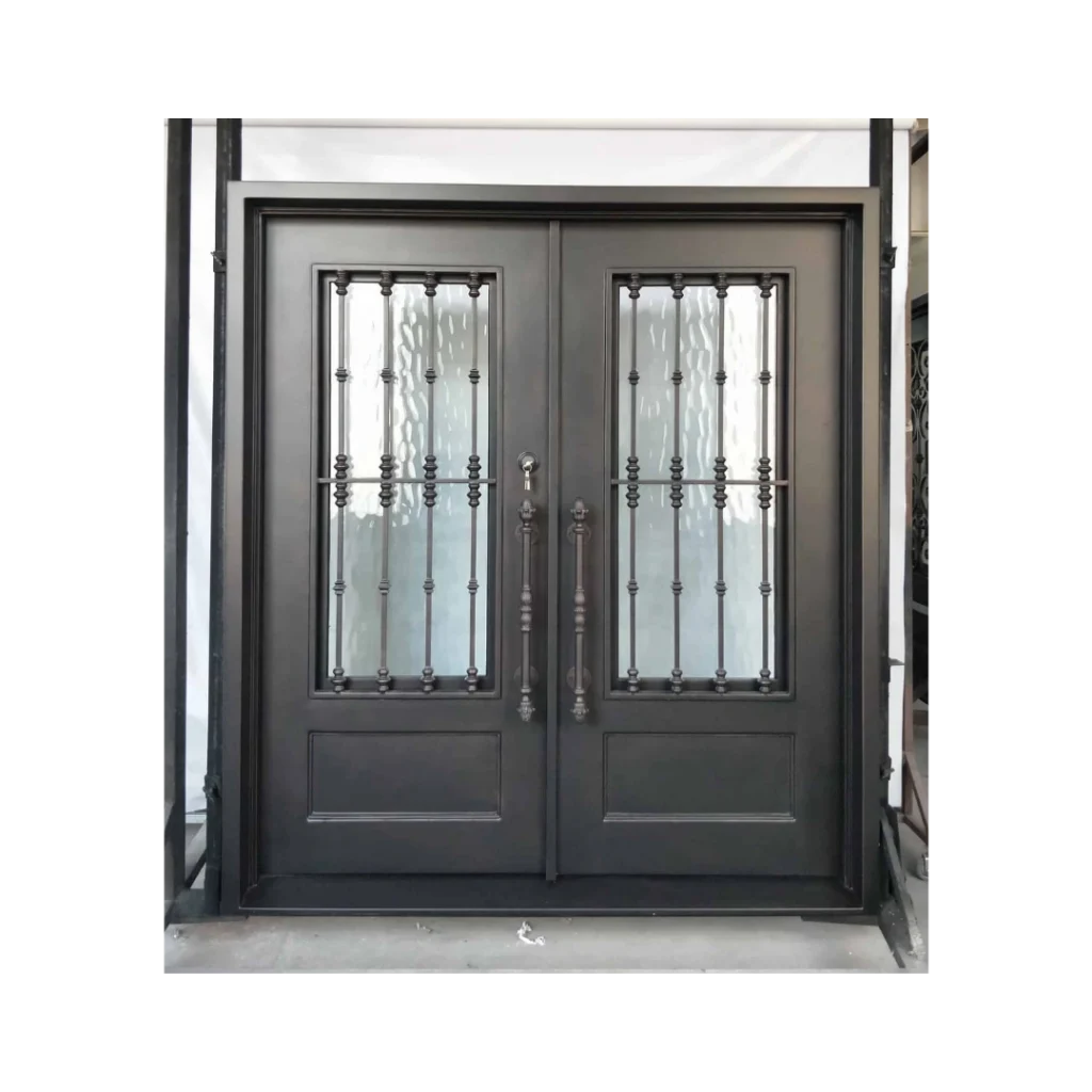 wrought iron double door with glass lites