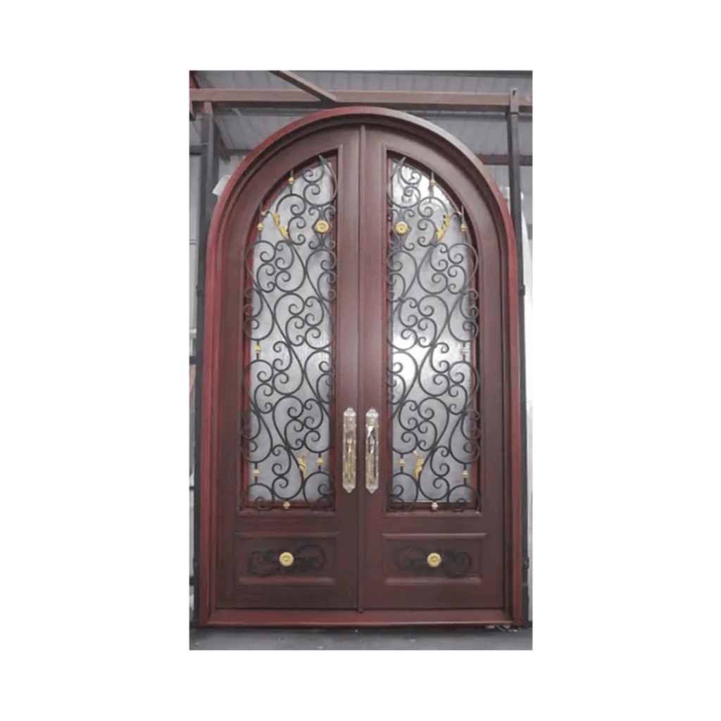 EL1452 MCD wood tone arched wrought iron double door with decorative scrollwork glass panels