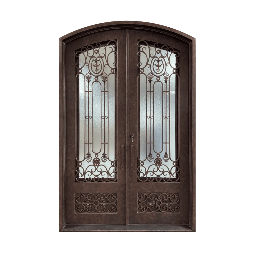 EL1579 MCD arched double wrought iron door with decorative scrollwork and glass panels