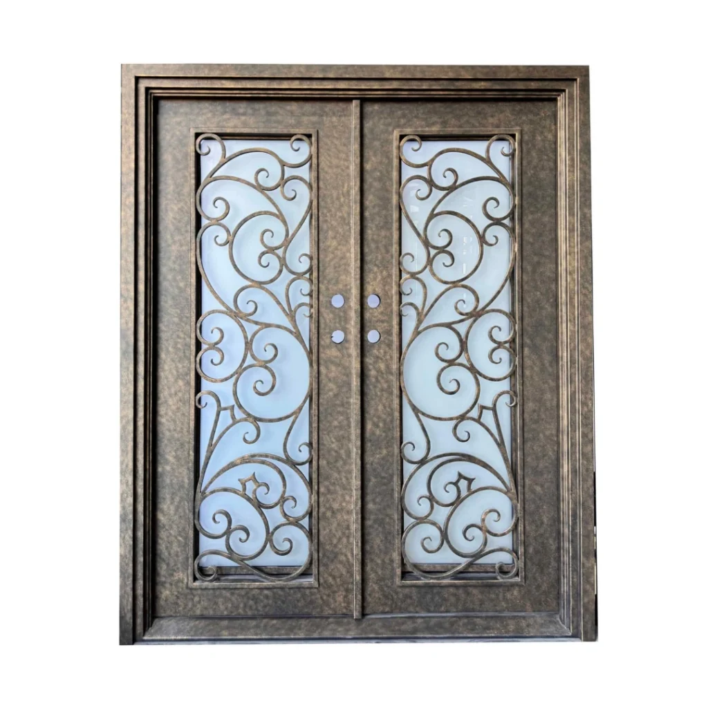 EL1600 MCD double wrought iron door with flowing scroll grille and insulated glass panels