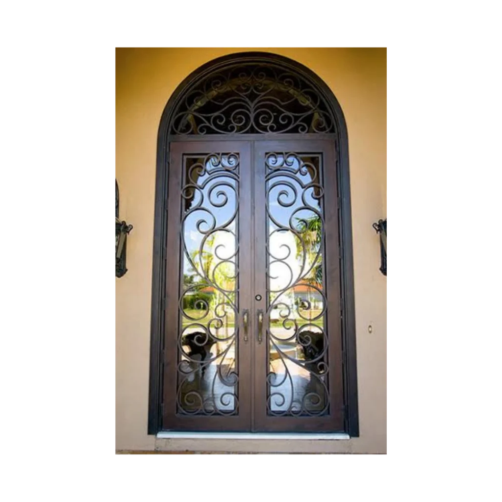 EL1975 MCD arched double wrought iron door with classic scroll transom and insulated glass panels