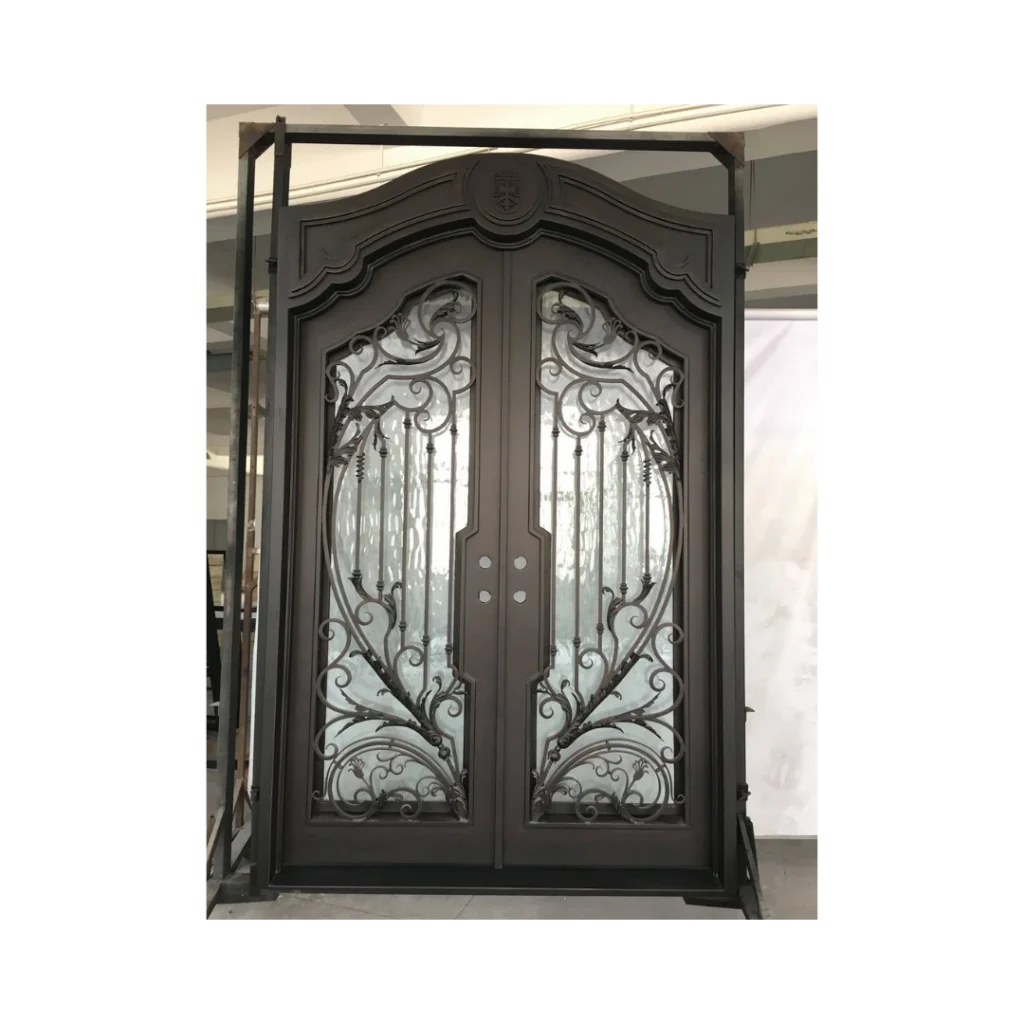 EL5044 MCD arched double wrought iron door with flowing vine scroll grille and insulated glass panels