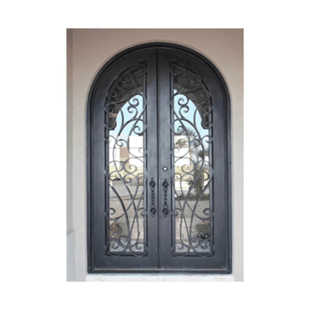 EL5056 MCD arched double wrought iron door with flowing scroll grille and insulated glass panels