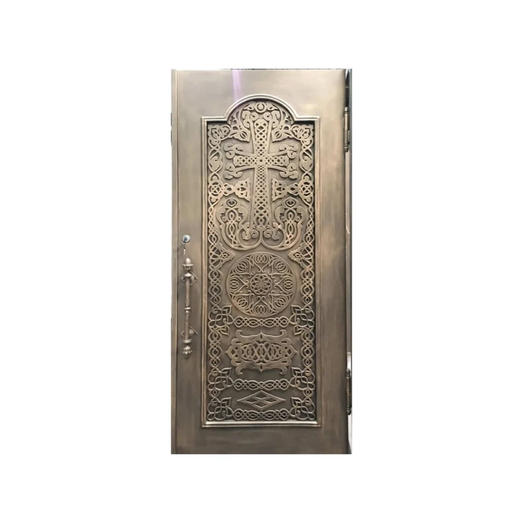 Single laser-cut metal church door EX7024 MCD with ornate cross and geometric sacred patterns