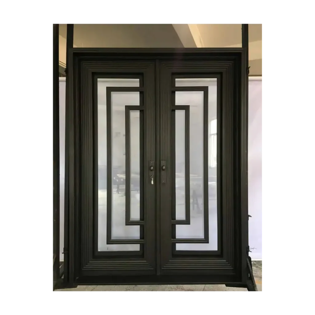 Double wrought iron door EL1009 MCD with rectangular glass panels and 12-gauge wrought iron construction