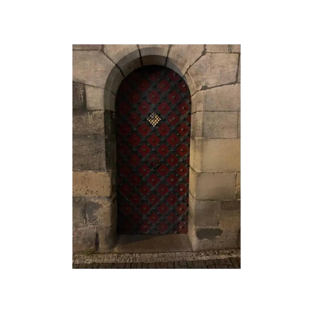 Arched diamond lattice wrought iron single door EL1014 MCD with red accents and ornamental medallion