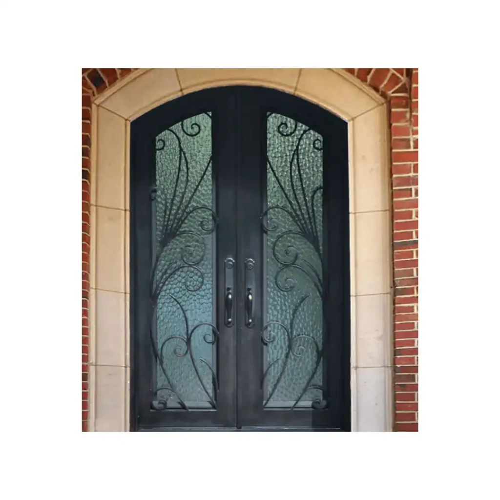 Vine scroll arched wrought iron double door EL1020 MCD with textured privacy glass and 12-gauge iron construction