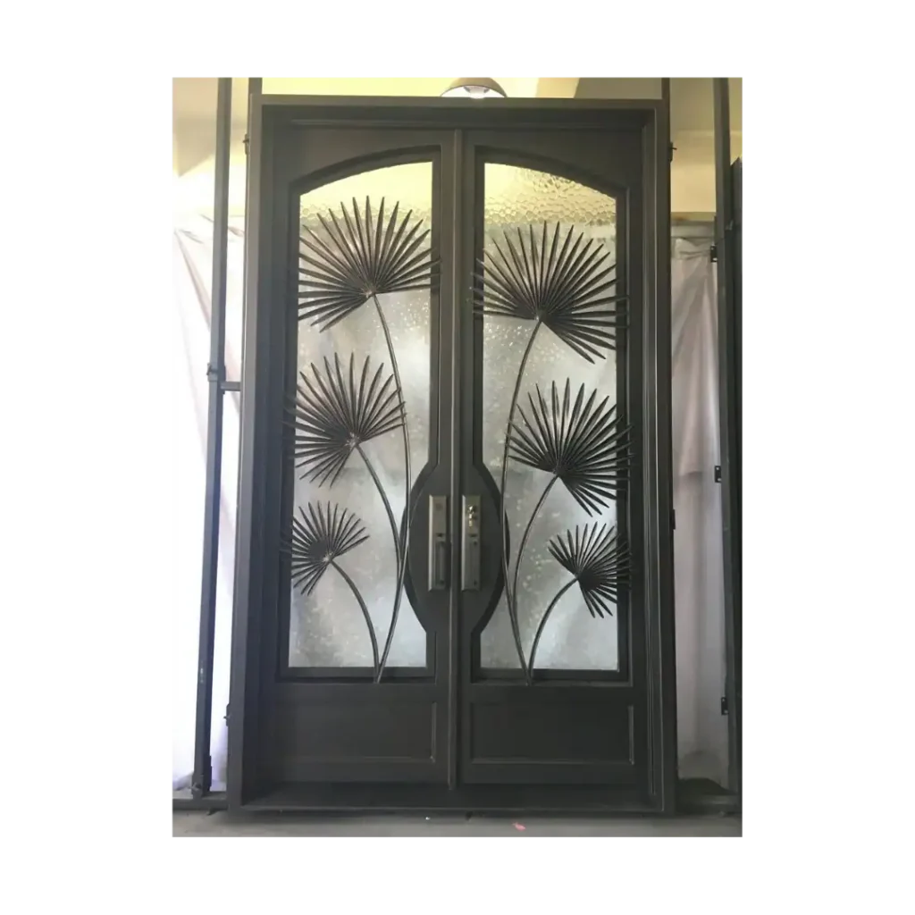EL1030 MCD double wrought iron door with decorative palm leaf ironwork and insulated textured glass