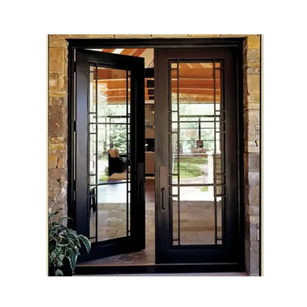 EL1039 MCD double wrought iron door with tall insulated glass panels and elegant scroll accents