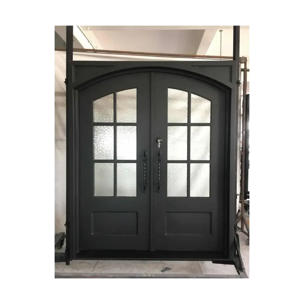 Double Wrought Iron Door Rectangular Glass Panels EL1044 MCD with insulated glass and handcrafted 12-gauge wrought iron.