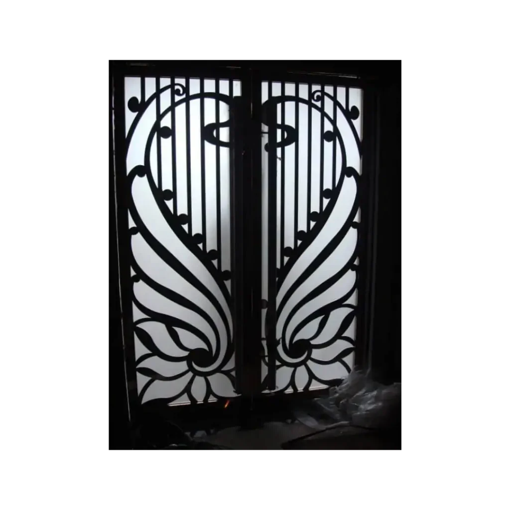 Sculpted wing scroll wrought iron double door EL1048 MCD with tall glass panels and symmetrical ironwork