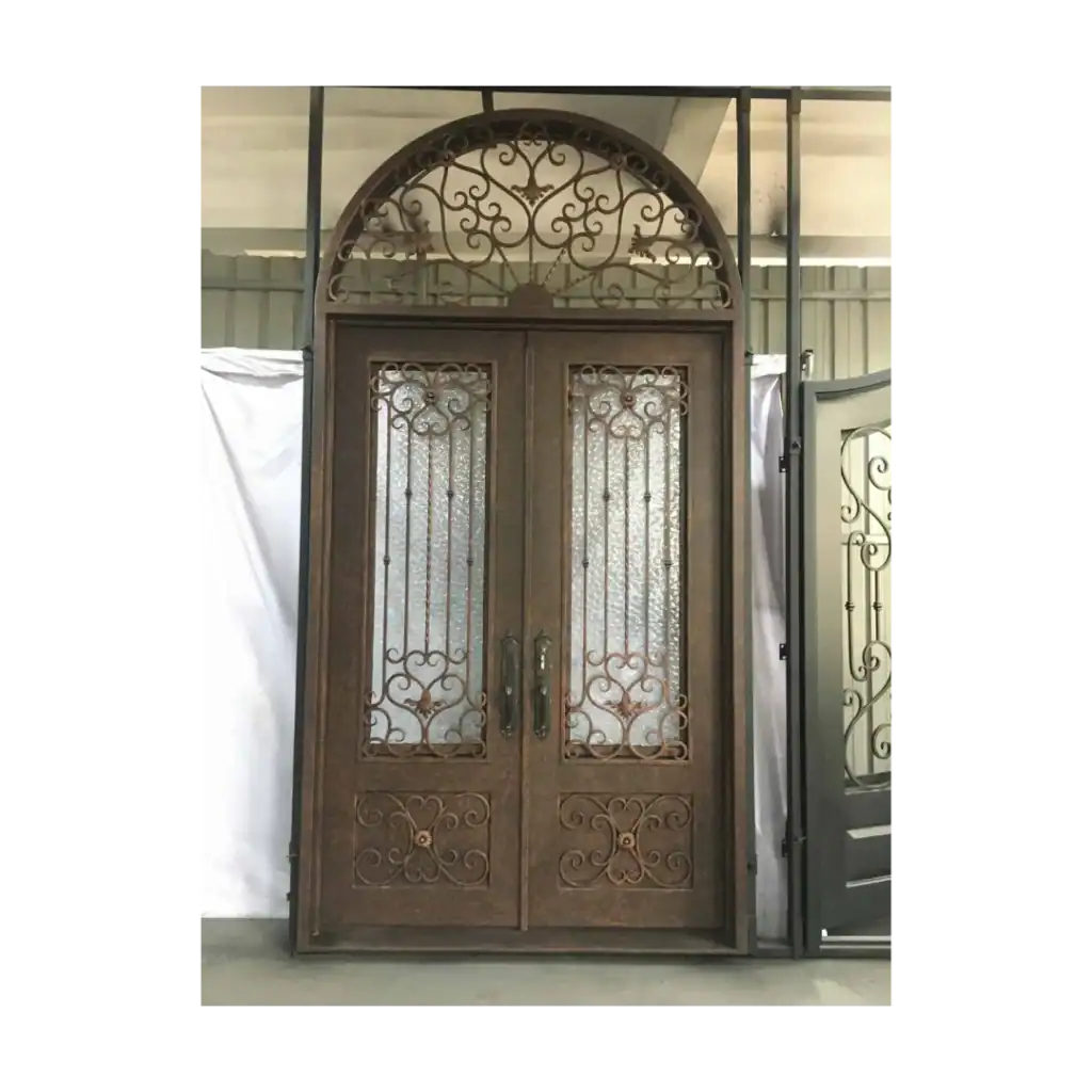 Arched Scrollwork Wrought Iron Door with Transom EL1049 MCD featuring handcrafted scrollwork and insulated glass.