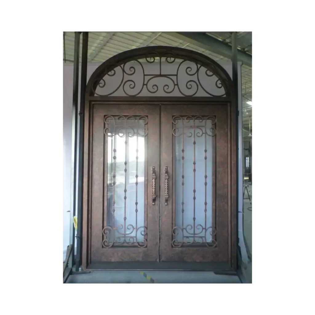 Decorative Scrollwork Arched Wrought Iron Door EL1051 MCD with handcrafted scrollwork, arched transom, and insulated glass.
