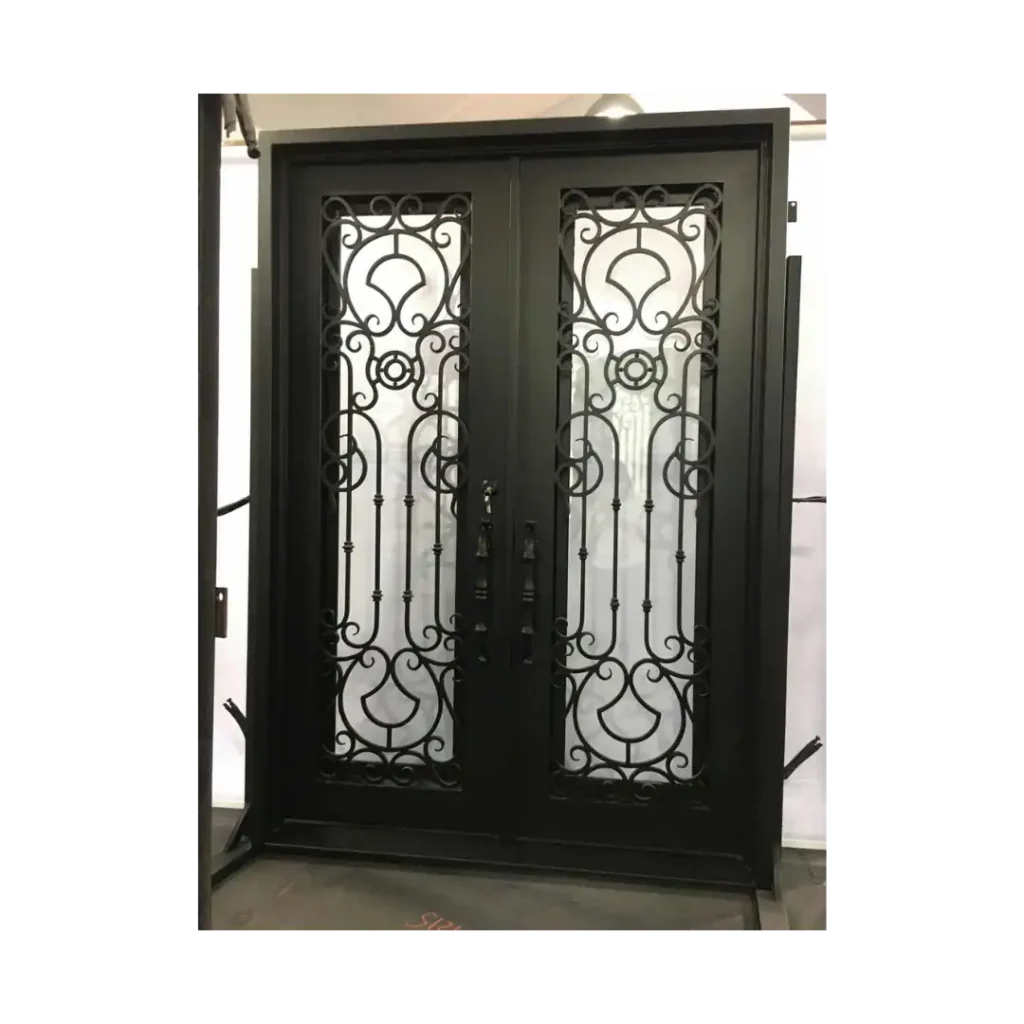 EL1053 MCD double wrought iron door with symmetrical scroll glass panels and insulated glass.