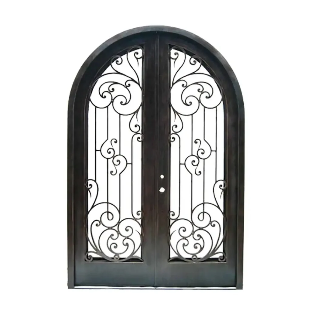 Classic Revival arched wrought iron door EL1056 MCD with decorative scroll glass panels.