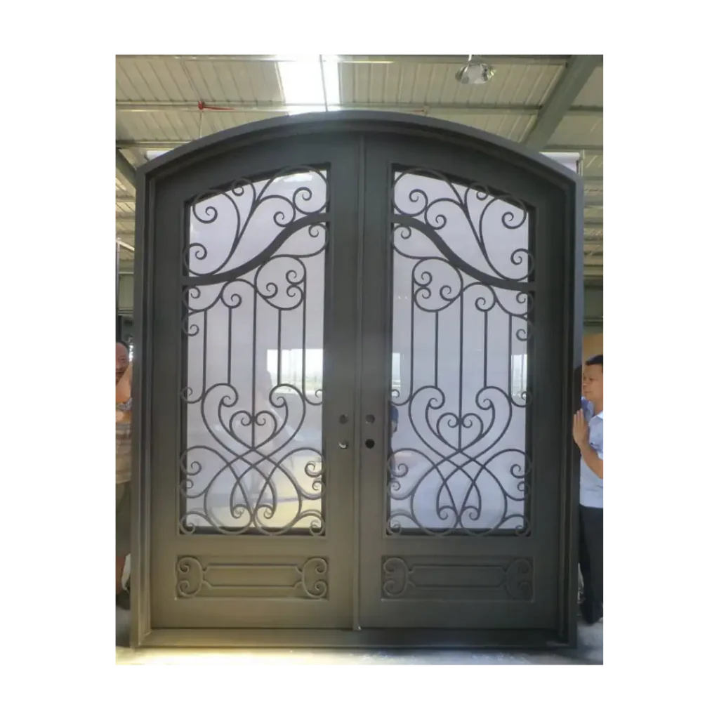 Double wrought iron door with ornamental scroll glass panels EL1058 MCD handcrafted by Monarch Custom Doors.