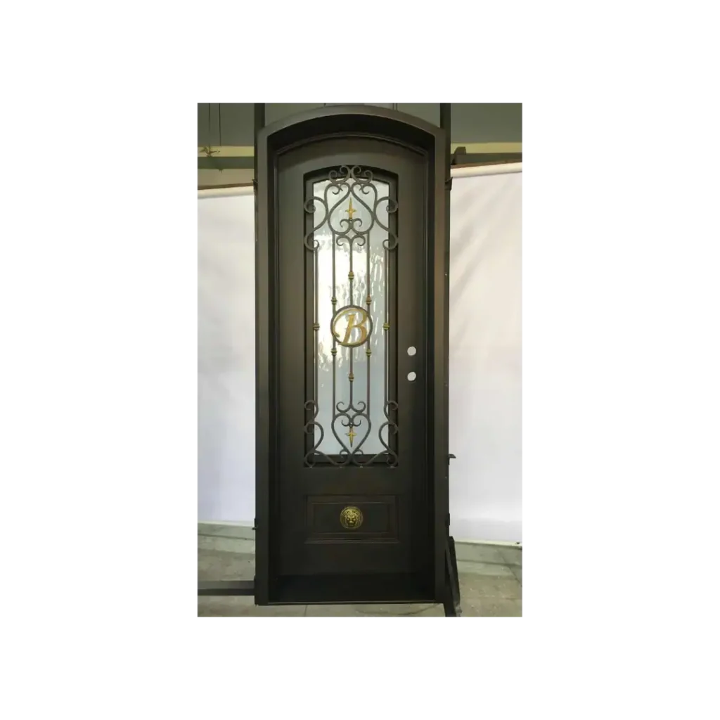 Single wrought iron door with vertical scroll glass panel EL1060 MCD handcrafted by Monarch Custom Doors.