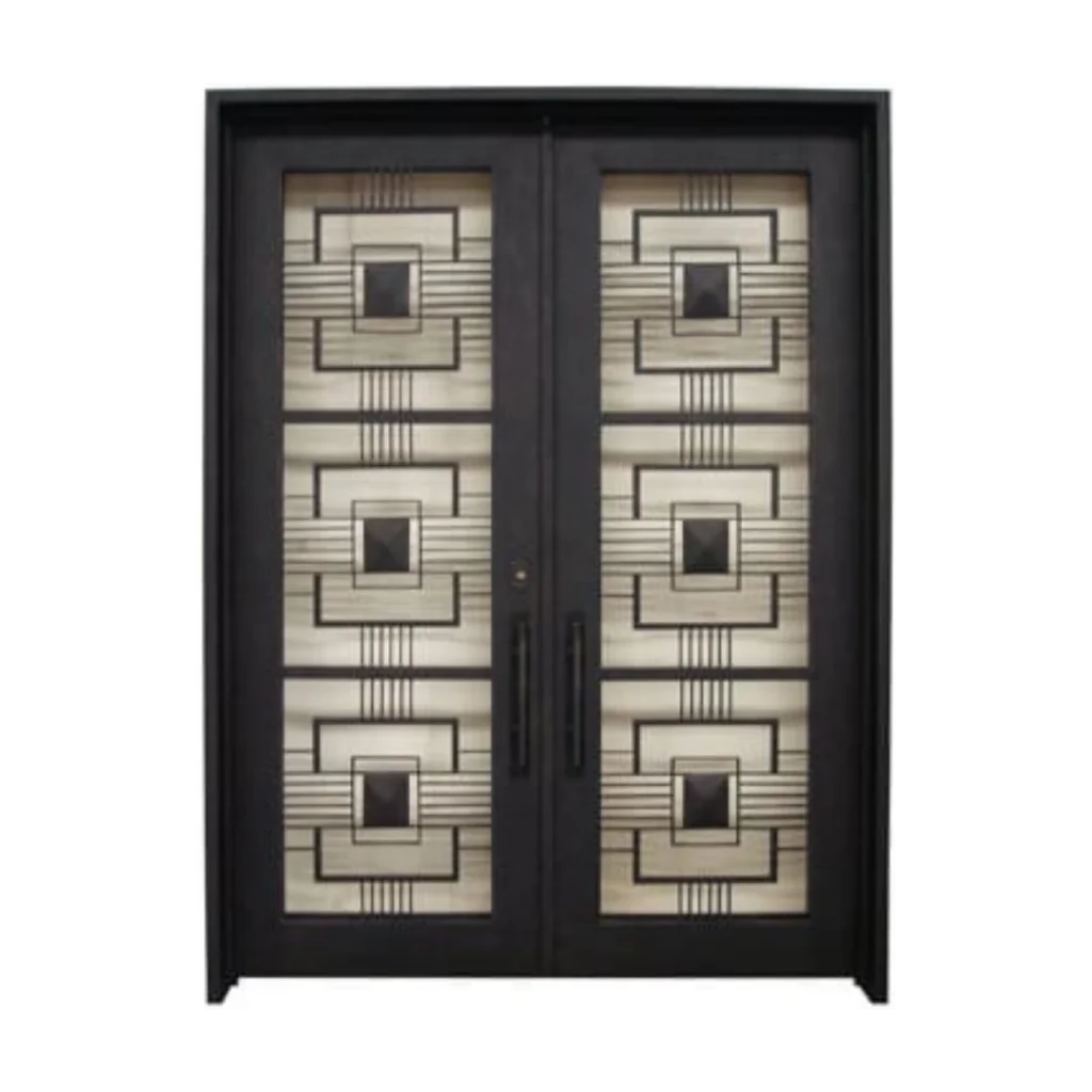 Double wrought iron door with geometric square glass panels EL1065 MCD handcrafted by Monarch Custom Doors.