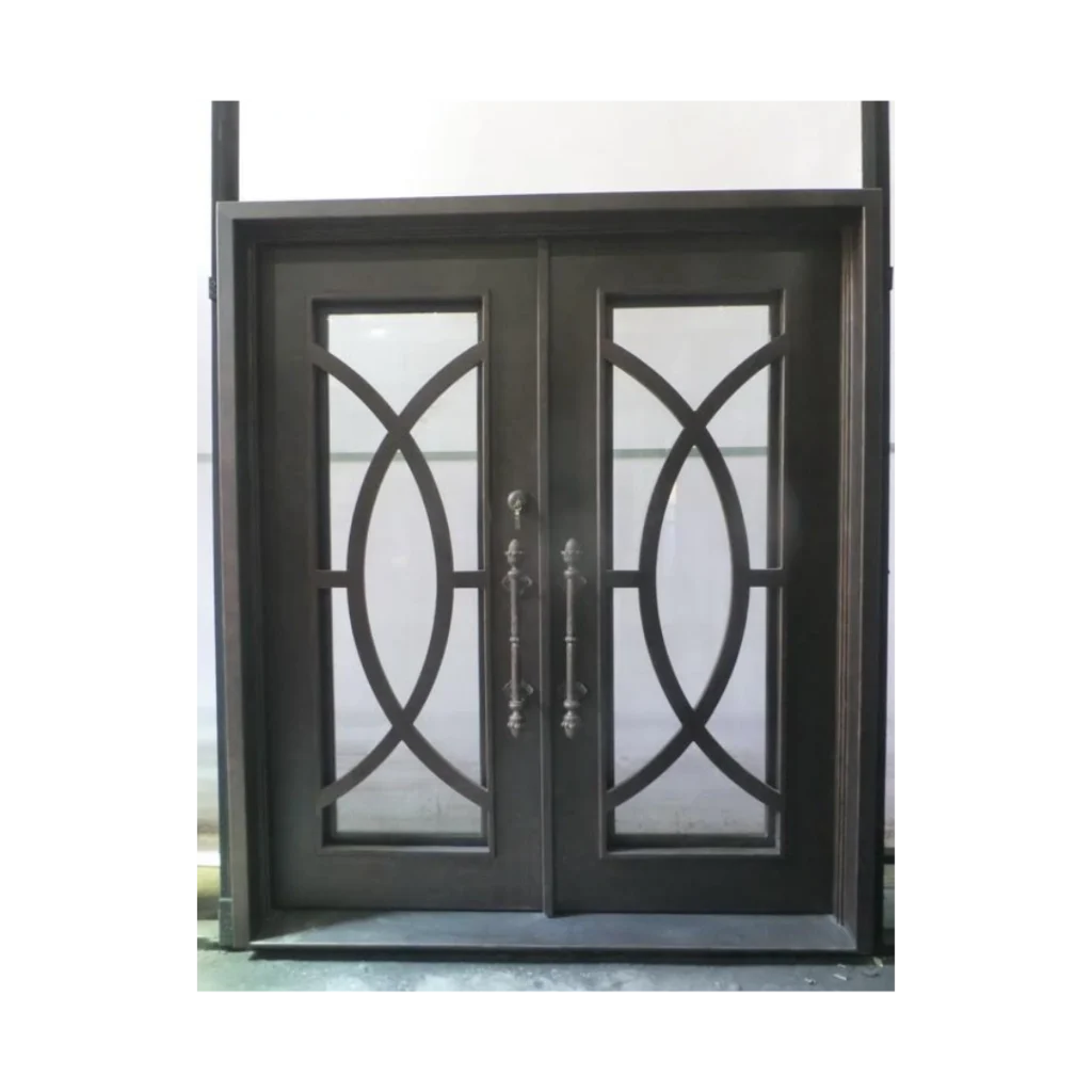 Double wrought iron door with mirrored circular ironwork and expansive glass panels EL1087 MCD, handcrafted in 12-gauge iron by Monarch Custom Doors.