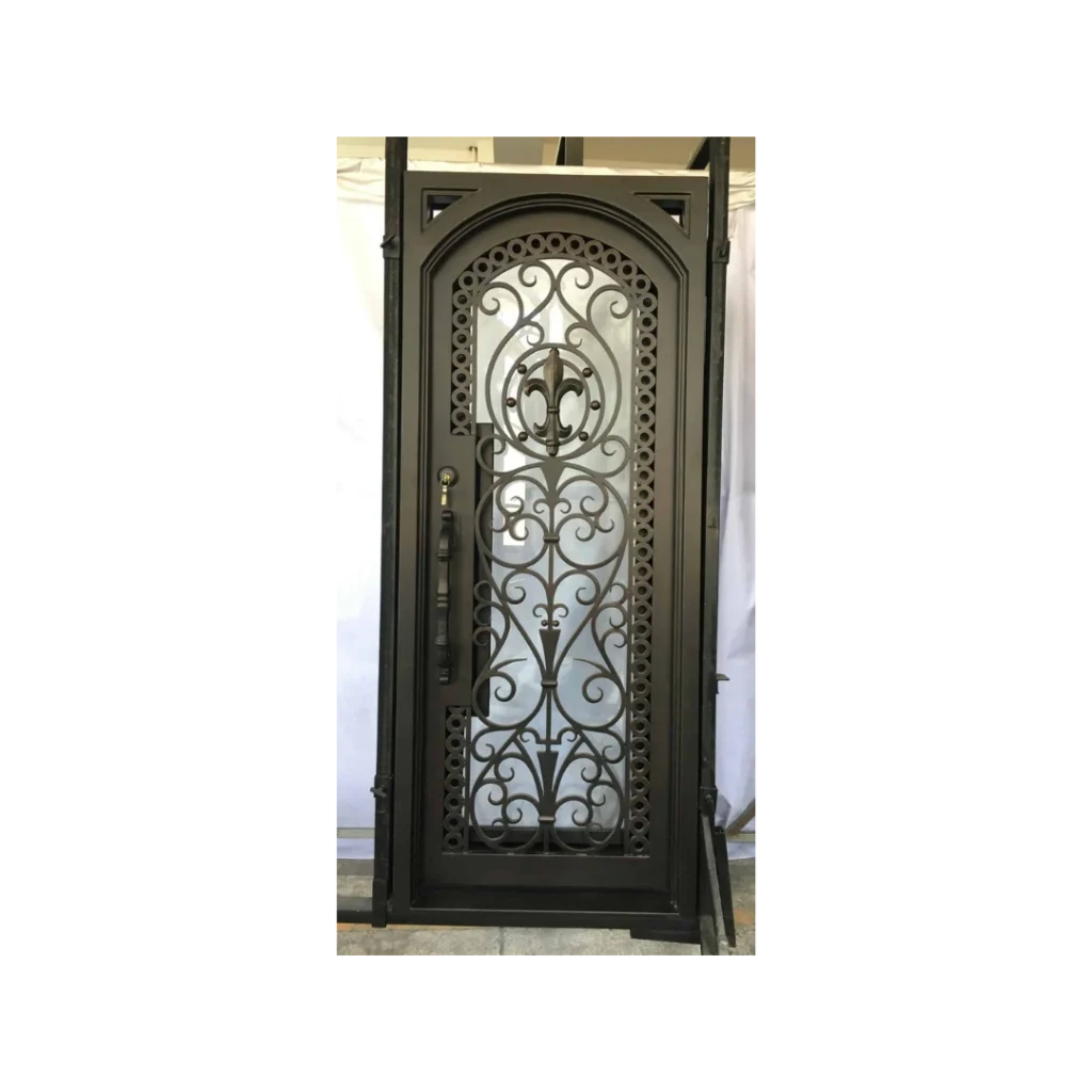 Single arched wrought iron door with intricate full-height scrollwork, central ornament, and a tall glass panel.