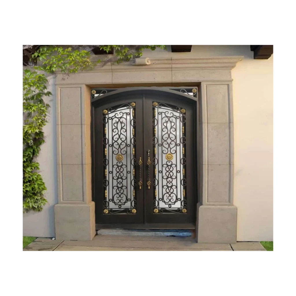 Double arched wrought iron door with intricate scrollwork and coordinating glazed sidelights EL1098 MCD handcrafted by Monarch Custom Doors.