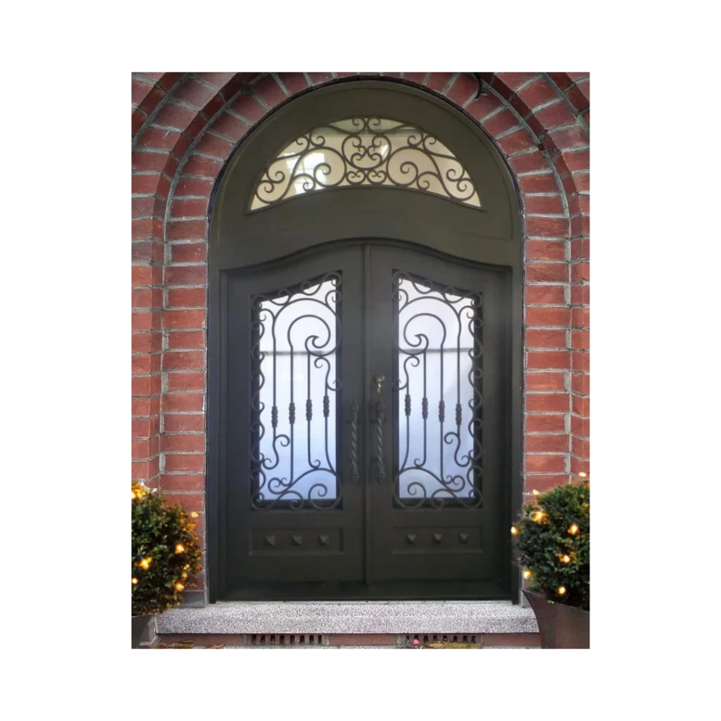 Arched double wrought iron door with decorative transom, symmetrical scrollwork, tall glass panels, and solid lower panels.