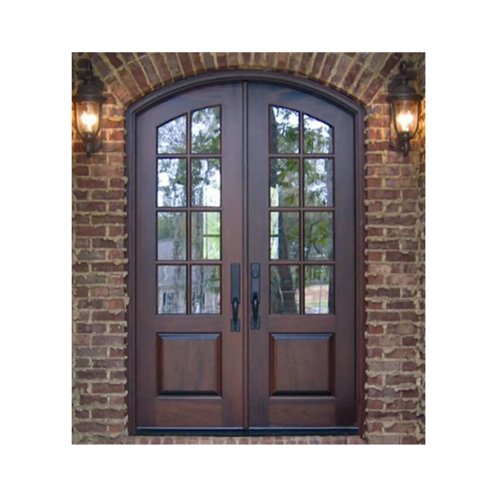Arched wood and wrought iron double door EL1126 MCD with divided glass panes, solid lower panels, and a warm traditional finish.